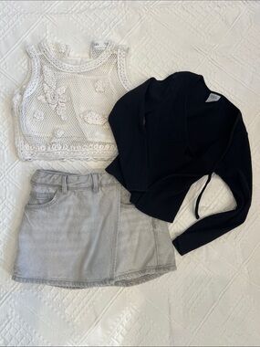 3 pieces ZARA Denim Skort, Black Ribbed Wrap, and Sexy Top